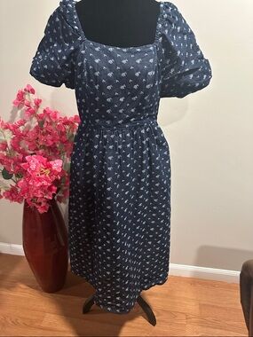 Square Neck Navy Floral Midi Dress